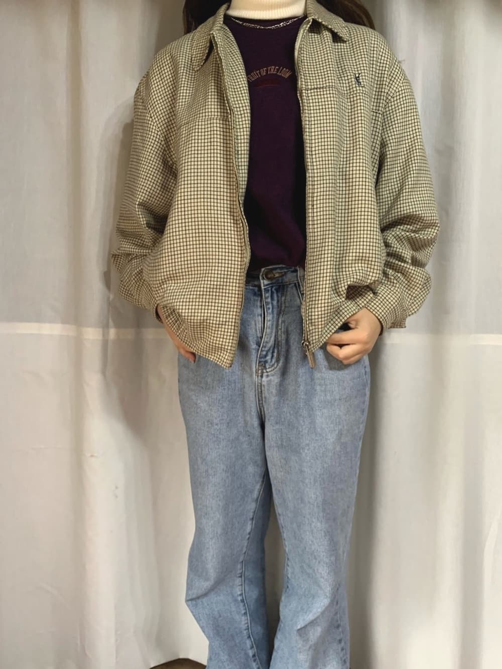 「春コーデ、古着、YSL、YSL vintage、classicalelf、デニムパンツ、タートルネック、プチプラコーデ」｜「YSLのアイテム（ジャケット/アウター、ベージュ系）」を使った、ミイさん（レディース・154cm）の春コーディネートの1枚目の写真