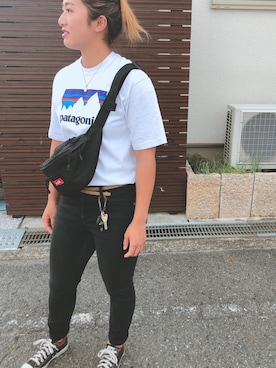 「X-girl（エックスガール）のBOX LOGO HIP BAG（ボディバッグ/ウエストポーチ、ブラック系）」を使った、けいさん（レディース・164cm）の夏コーディネート