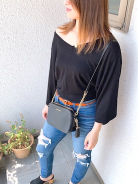 「EMODA（エモダ）のAIRYボーダーニットトップ（ニット/セーター、ブラック系）」を使った、けいさん（レディース・164cm）の春コーディネート