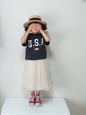 「USA」｜「アイテム（帽子）」を使った、hinacoccoさん（キッズ・100cm）の春コーディネート