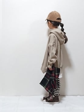 「チェックマフラー」｜「アイテム（帽子）」を使った、hinacoccoさん（キッズ・100cm）の冬コーディネート