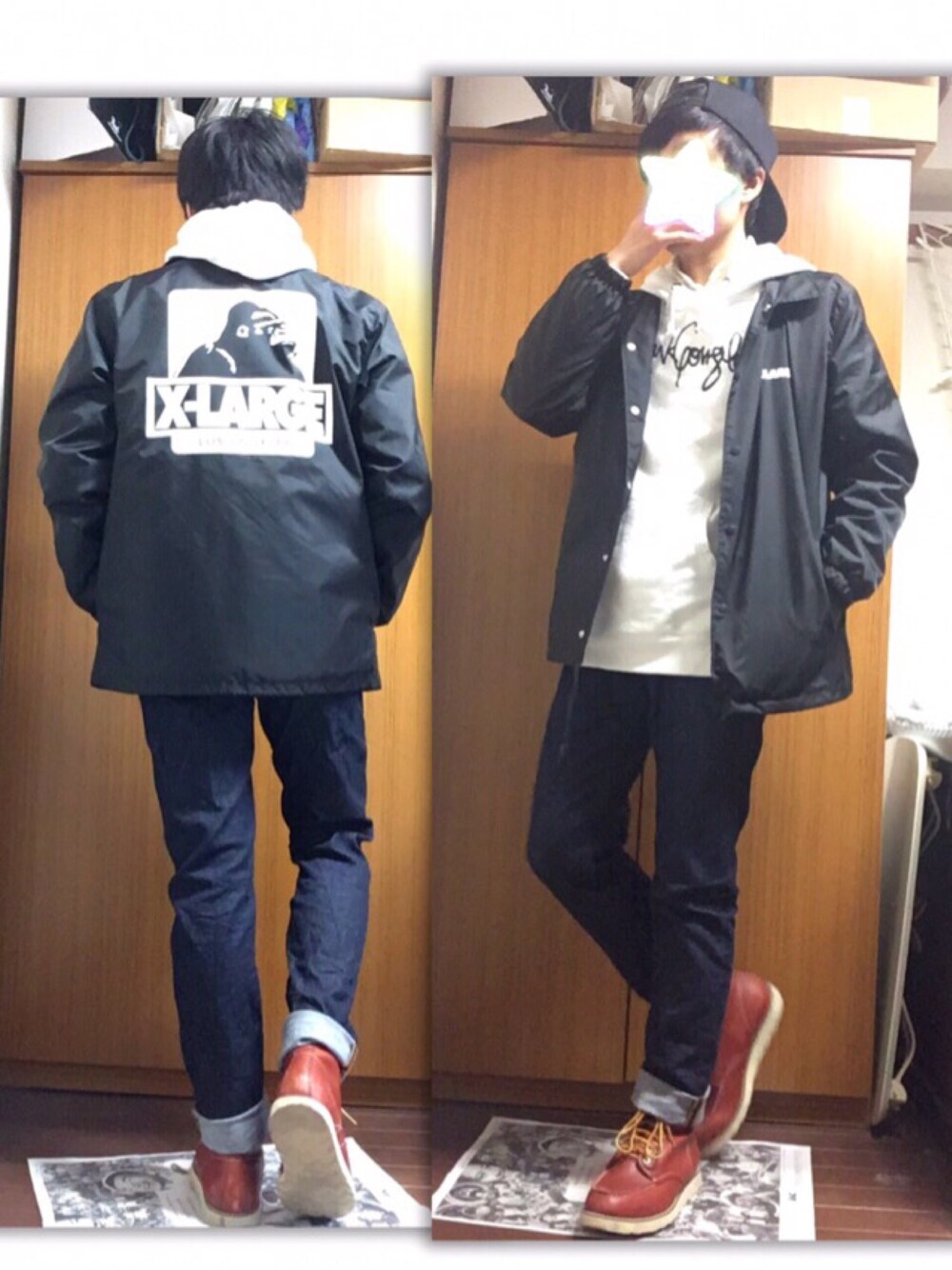 ブラウン系のブーツ、ブルー系のデニムパンツ、ブラック系のナイロンジャケットを着用したメンズの冬コーディネートの1枚目の写真