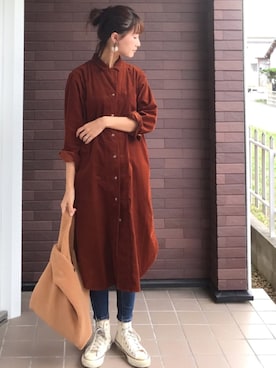 「ファー」｜「アイテム（シャツワンピース）」を使った、mayuさん（レディース・165cm）の秋コーディネート