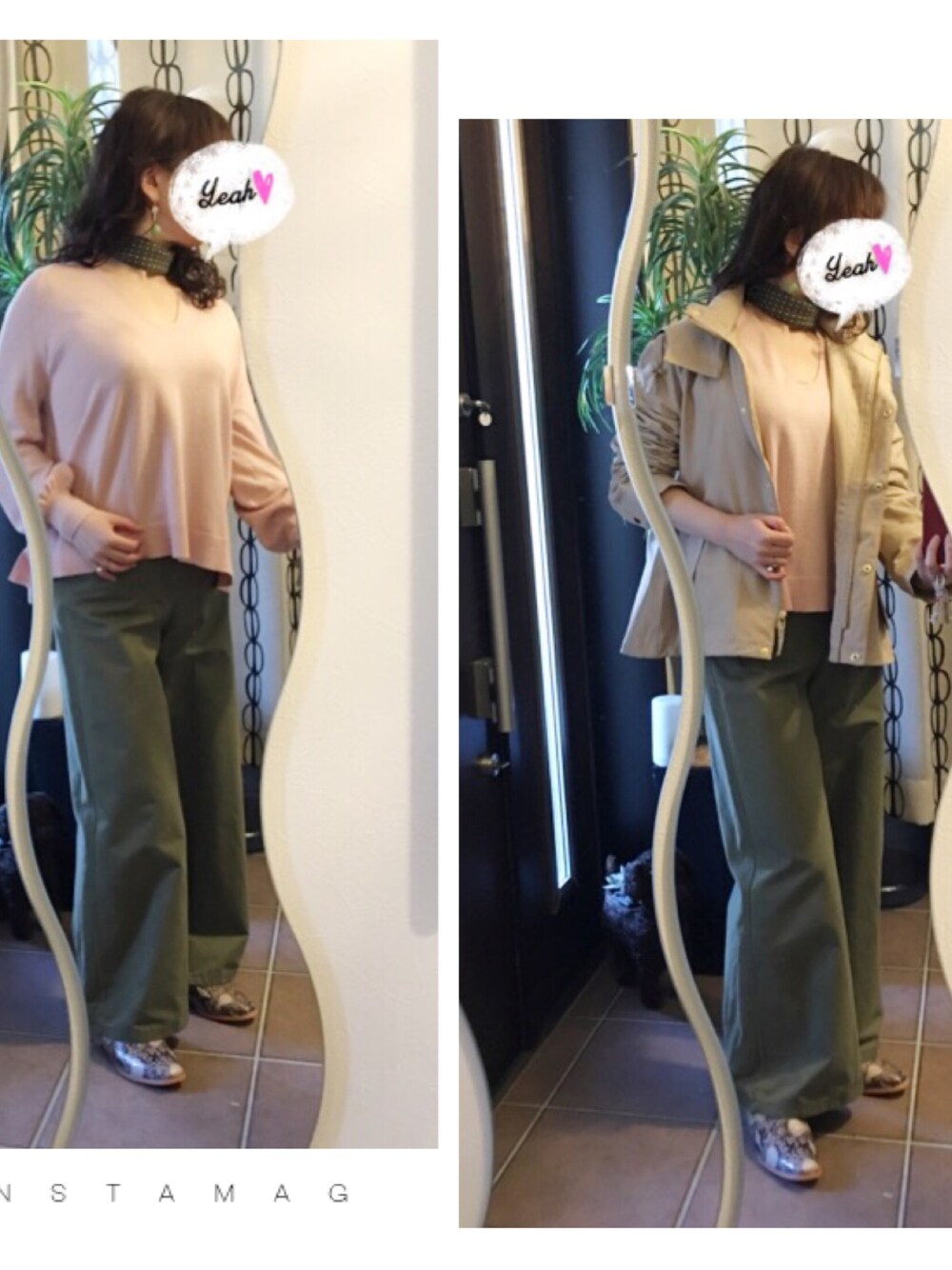 「大人カジュアル、全身GU、プチプラ、ピンクニット、カーキ、ワイドパンツ、マウンテンパーカー、パイソン柄、バブーシュ」｜「GUのスカーフ ペイズリー（ストール/ショール、グリーン系）」を使った、コリコさん（レディース・157cm）の春コーディネートの1枚目の写真