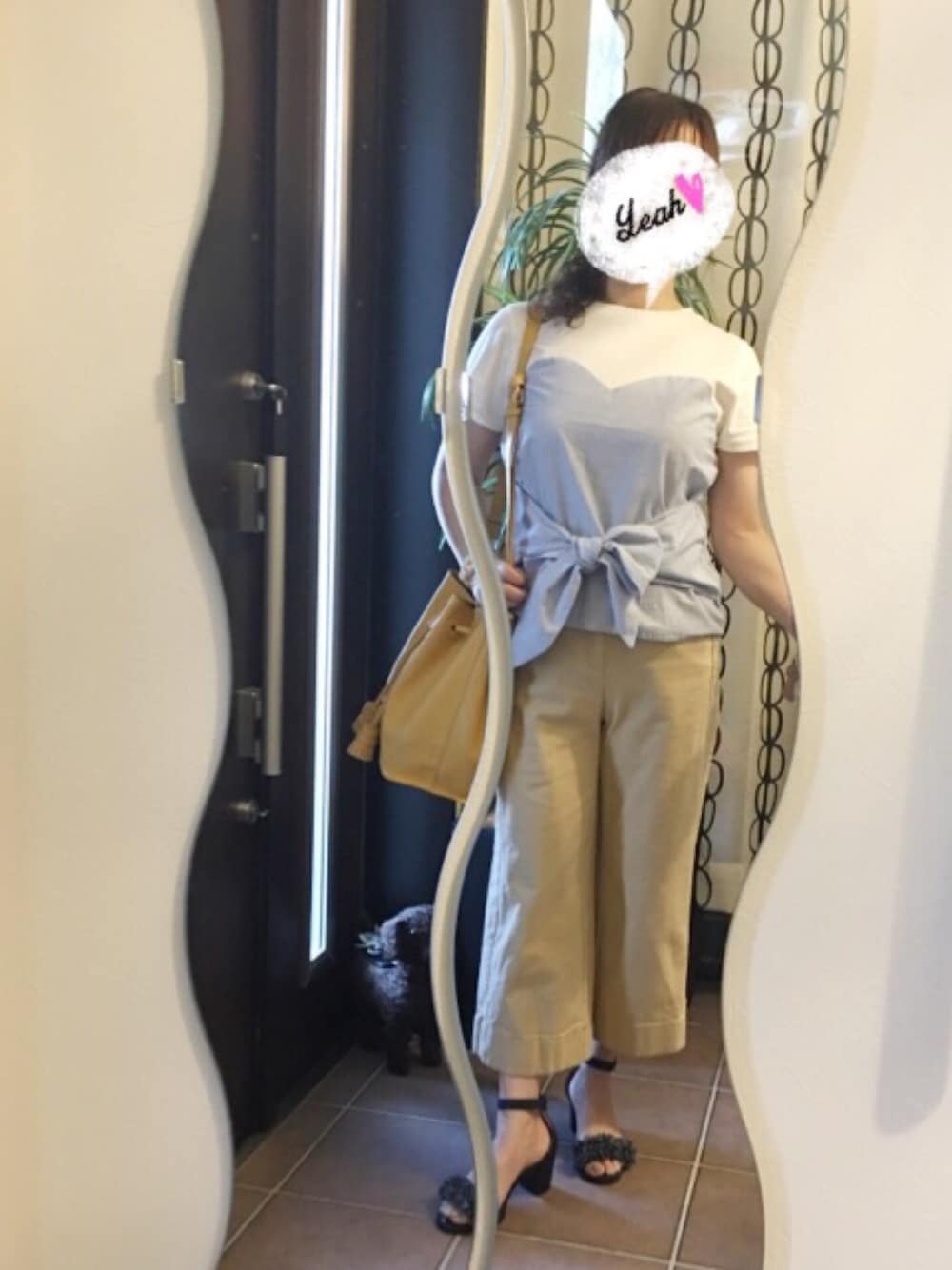「オトナカジュアル、プチプラ、ビスチェ、ワイドパンツ、チノパン、ストライプ、リボン、黄色」｜「Heatherのイソザイ＊マエリボントップス　759632（Tシャツ/カットソー、ブルー系）」を使った、コリコさん（レディース・157cm）の夏コーディネートの1枚目の写真