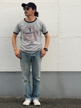 「FULLCOUNT（フルカウント）のアイテム（帽子）」を使った、GONSIさん（メンズ・165cm）の夏コーディネート