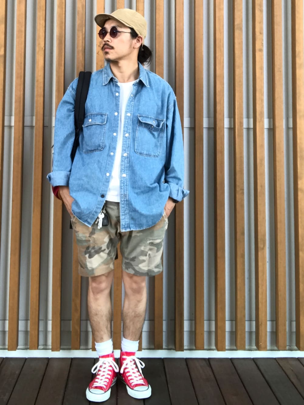 「休日スタイル、大人カジュアル、秋コーデ、ショートパンツ、ビッグシルエット」｜「CHUMSのアイテム（ハット、ベージュ系）」を使った、GONSIさん（メンズ・165cm）の秋コーディネートの1枚目の写真