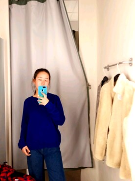 「H&M（エイチ・アンド・エム）のアイテム（ニット/セーター、ブルー系）」を使った、soft_wwwさん（レディース・155cm）の冬コーディネート