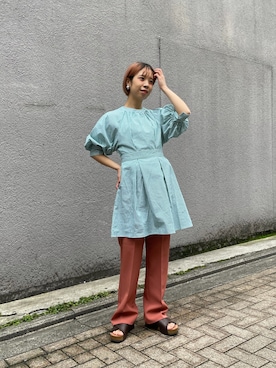 「袖ボリューム」｜「アイテム（スラックス）」を使った、こざるさん（レディース・158cm）の夏コーディネート