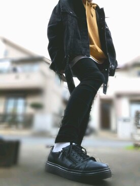 「韓国のアイテム（デニムジャケット、ブラック系）」を使った、Aoki no Hirokiさん（メンズ・167cm）の冬コーディネート
