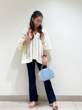 「アイテム（トップス、ベージュ系）」を使った、nano・universe 札幌ステラプレイス STAFFさん（レディース・153cm）の夏コーディネート