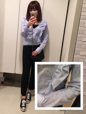 「ZARA（ザラ）のアイテム（シャツ/ブラウス、ブルー系）」を使った、ゆみりんさん（レディース・163cm）の春コーディネート