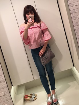 「ZARA（ザラ）のアイテム（シャツ/ブラウス、レッド系）」を使った、ゆみりんさん（レディース・163cm）の夏コーディネート