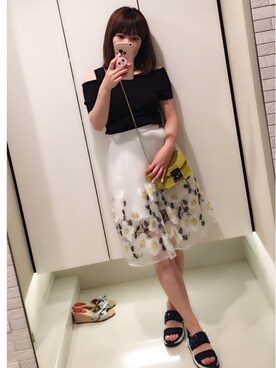 「LAGUNAMOON（ラグナムーン）のアイテム（ニット/セーター、ブルー系）」を使った、ゆみりんさん（レディース・163cm）の夏コーディネート