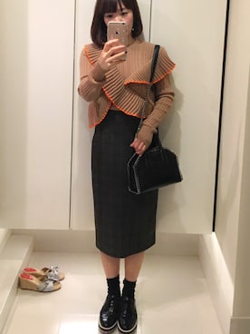 「MSGM（エムエスジーエム）のアイテム（ニット/セーター、ベージュ系）」を使った、ゆみりんさん（レディース・163cm）の秋コーディネート