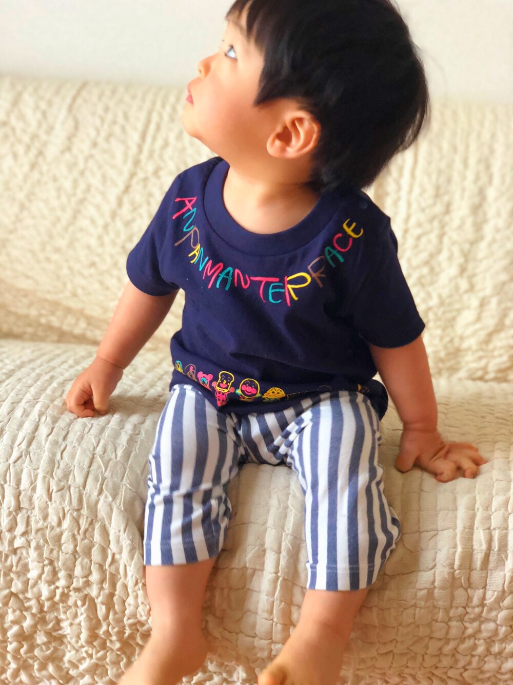 「90cm、男の子コーデ、アンパンマン、ストライプ、1歳4ヶ月」｜「ANPANMAN MUSEUMのアイテム（Tシャツ/カットソー、ブルー系）」を使った、Asahi ໒꒱*॰さん（キッズ・80cm）の夏コーディネートの1枚目の写真