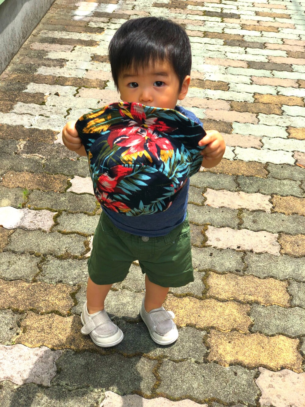 「男の子コーデ、男の子、1歳、1歳4ヶ月、バスケットハット、しまむら」｜「しまむらのアイテム（ハット、ブラック系）」を使った、Asahi ໒꒱*॰さん（キッズ・80cm）の夏コーディネートの1枚目の写真