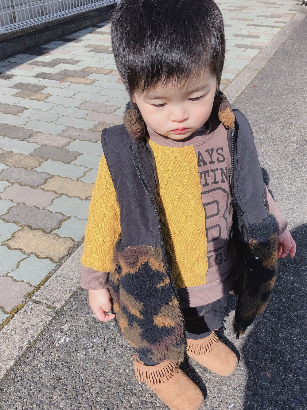 「ちょっとそこまで、kids、おとこのこ、2歳、男の子コーデ、プチプラ、ブランシェス」｜「BRANSHESのアイテム（ダウンベスト、ブラック系）」を使った、Asahi ໒꒱*॰さん（キッズ・90cm）の冬コーディネートの1枚目の写真