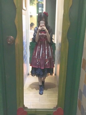「Nyanya白羽林檎のアイテム（ワンピース、レッド系）」を使った、Kurosawa Mangokoさん（レディース）の夏コーディネート