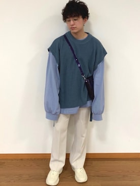 「Adoon plain（アドーンプレーン）のアイテム（ベスト）」を使った、SuZuAさん（メンズ・160cm）の春コーディネート