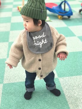 「アイテム（スタイ/よだれかけ、グレー系）」を使った、⁂ののたけ⁂さん（キッズ・70cm）の冬コーディネート