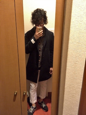 「カウチンセーター」｜「アイテム（チェスターコート）」を使った、藤井 すぐるさん（メンズ・169cm）の冬コーディネート