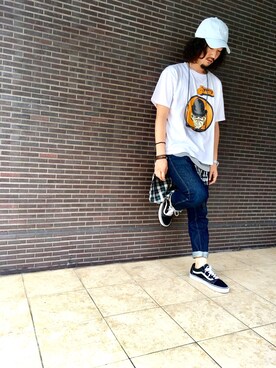 「PLEASURES（プレジャー）のアイテム（帽子）」を使った、藤井 すぐるさん（メンズ・170cm）の夏コーディネート