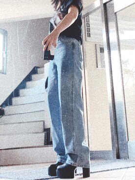 「sheinのアイテム（デニムパンツ、ブルー系）」を使った、higueriさん（レディース）の夏コーディネート