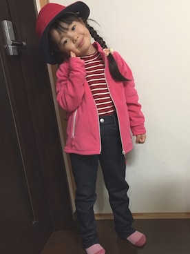 「mont-bell（モンベル）のアイテム（帽子、ピンク系）」を使った、あんぱんちさん（キッズ）の冬コーディネート