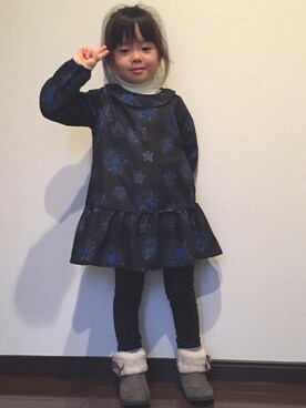 「BRANSHES（ブランシェス）のリブニットタートルネックTシャツ（Tシャツ/カットソー、ホワイト系）」を使った、あんぱんちさん（キッズ）の冬コーディネート