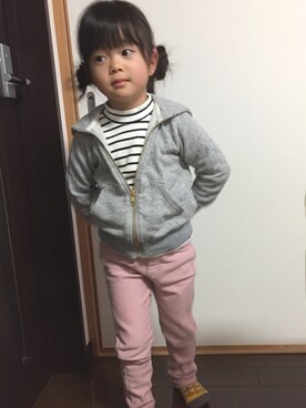 「BRANSHES（ブランシェス）のテレコボーダーTシャツ（Tシャツ/カットソー、ブルー系）」を使った、あんぱんちさん（キッズ）の冬コーディネート