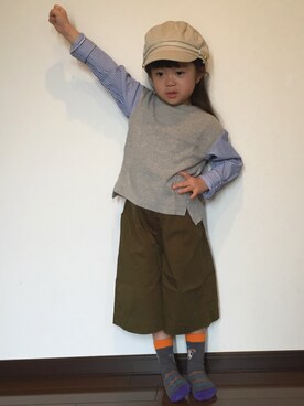 「BRANSHES（ブランシェス）のマリンキャップ（キャップ、ベージュ系）」を使った、あんぱんちさん（キッズ）の春コーディネート