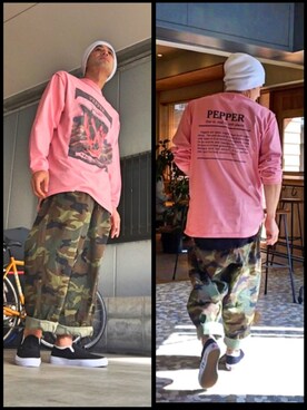 ピンク系のアイテムを使った 迷彩パンツ のメンズ人気ファッションコーディネート Wear