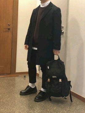「ワインレッド」｜「アイテム（その他アウター）」を使った、鞠乃助(まりのすけ)さん（メンズ・159cm）の冬コーディネート