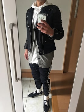 「UNUSED（アンユーズド）のアイテム（ライダースジャケット）」を使った、takさん（メンズ・179cm）の春コーディネート