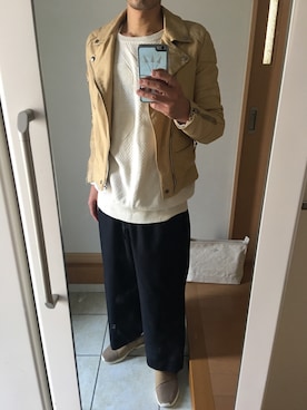 「UNUSED（アンユーズド）のアイテム（ライダースジャケット）」を使った、takさん（メンズ・179cm）の春コーディネート