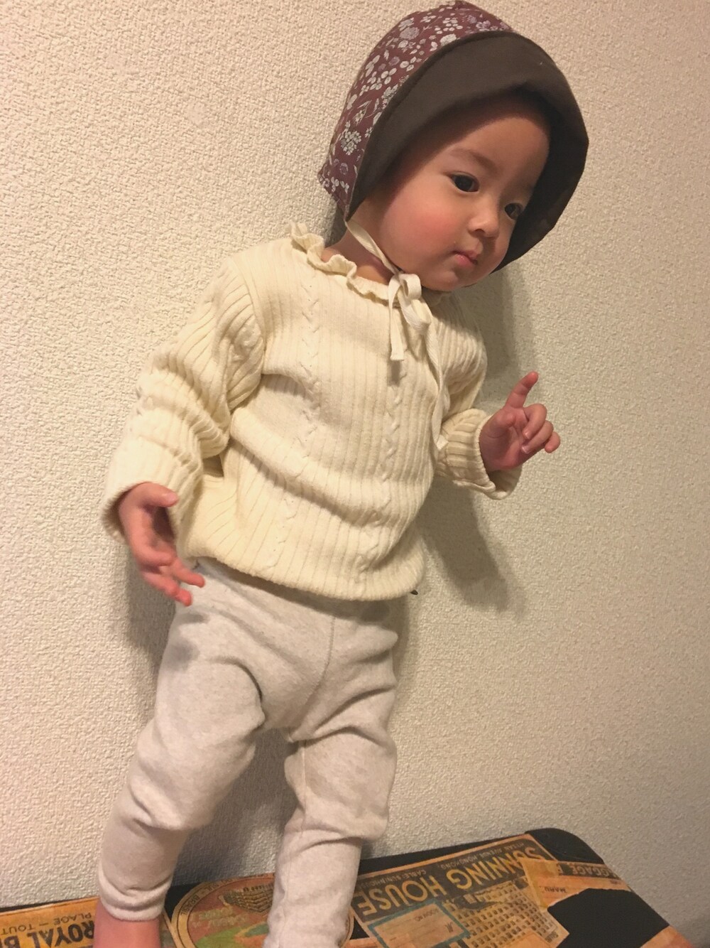 「Handmadeのアイテム（帽子、ブラウン系）」を使った、ruby12・mさん（キッズ・70cm）の春コーディネートの1枚目の写真