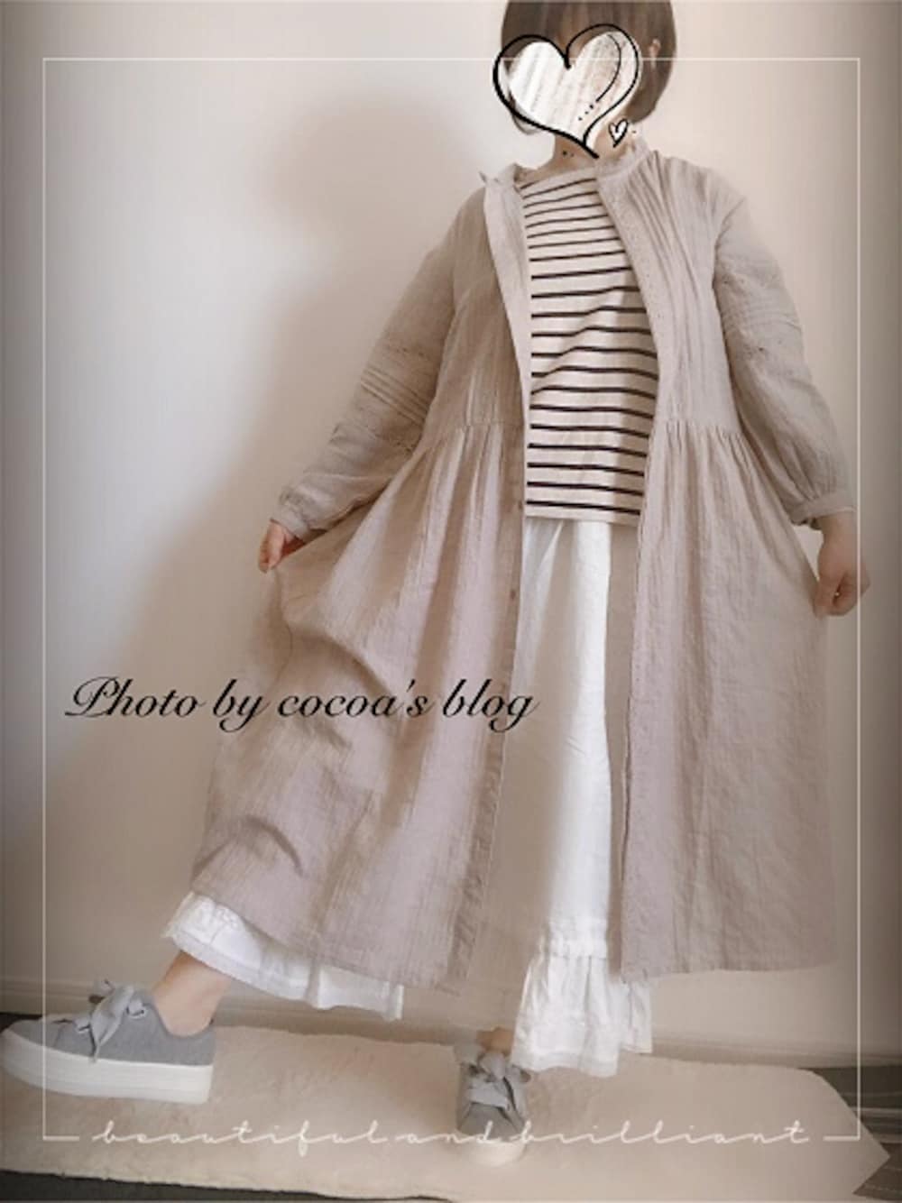 「#SM2、#しまむら、#ロングワンピ、#ペチパンツ、#サマンサモスモス、#Samansa Mos2、＃ナチュラルコーデ」｜「Samansa Mos2のボーダーゆるカットソー（Tシャツ/カットソー、ホワイト系）」を使った、cocoaさん（レディース・153cm）の春コーディネートの1枚目の写真