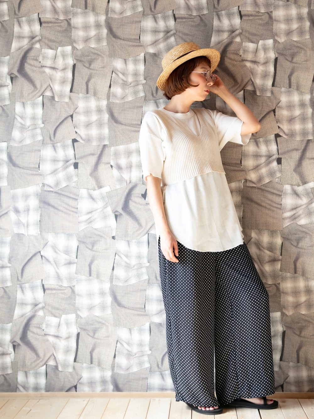 「ビスチェ、w closet、お洒落さんとつながりたい、カジュアル、ママコーデ、プチプラ、低身長コーデ、カンカン帽、フォローミー、しまむら」｜「鎌倉帽子店のアイテム（帽子、ベージュ系）」を使った、Lisaさん（レディース・158cm）の夏コーディネートの1枚目の写真