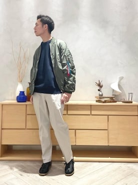 「※ALPHA（アルファ）のアイテム（ブルゾン）」を使った、前田大介さん（メンズ・180cm）の冬コーディネート