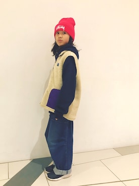 「SOMETHING（サムシング）のアイテム」を使った、O.T.Oさん（キッズ・123cm）の冬コーディネート