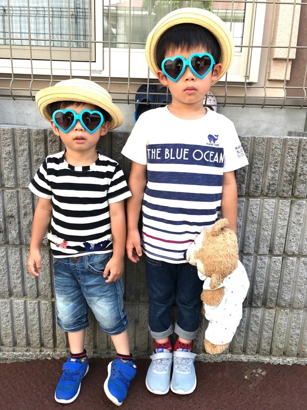「男の子、兄弟、兄弟コーディネート、兄弟コーデ、兄弟リンクコーデ」｜「NIKEのアイテム（スニーカー、ブルー系）」を使った、misaさん（レディース・162cm）の夏コーディネートの1枚目の写真