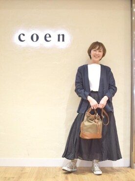 「coen（コーエン）のアイテム（ノーカラージャケット）」を使った、coen すしいさん（レディース・158cm）の春コーディネート