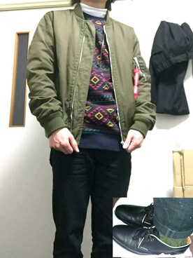 「家」｜「アイテム（MA-1）」を使った、じろう。さん（メンズ・166cm）の冬コーディネート