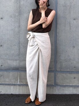 「Re:EDIT（リエディ）のリネンブレンドカシュクールパンツ（その他パンツ）」を使った、もりげさん（レディース・170cm）の夏コーディネート