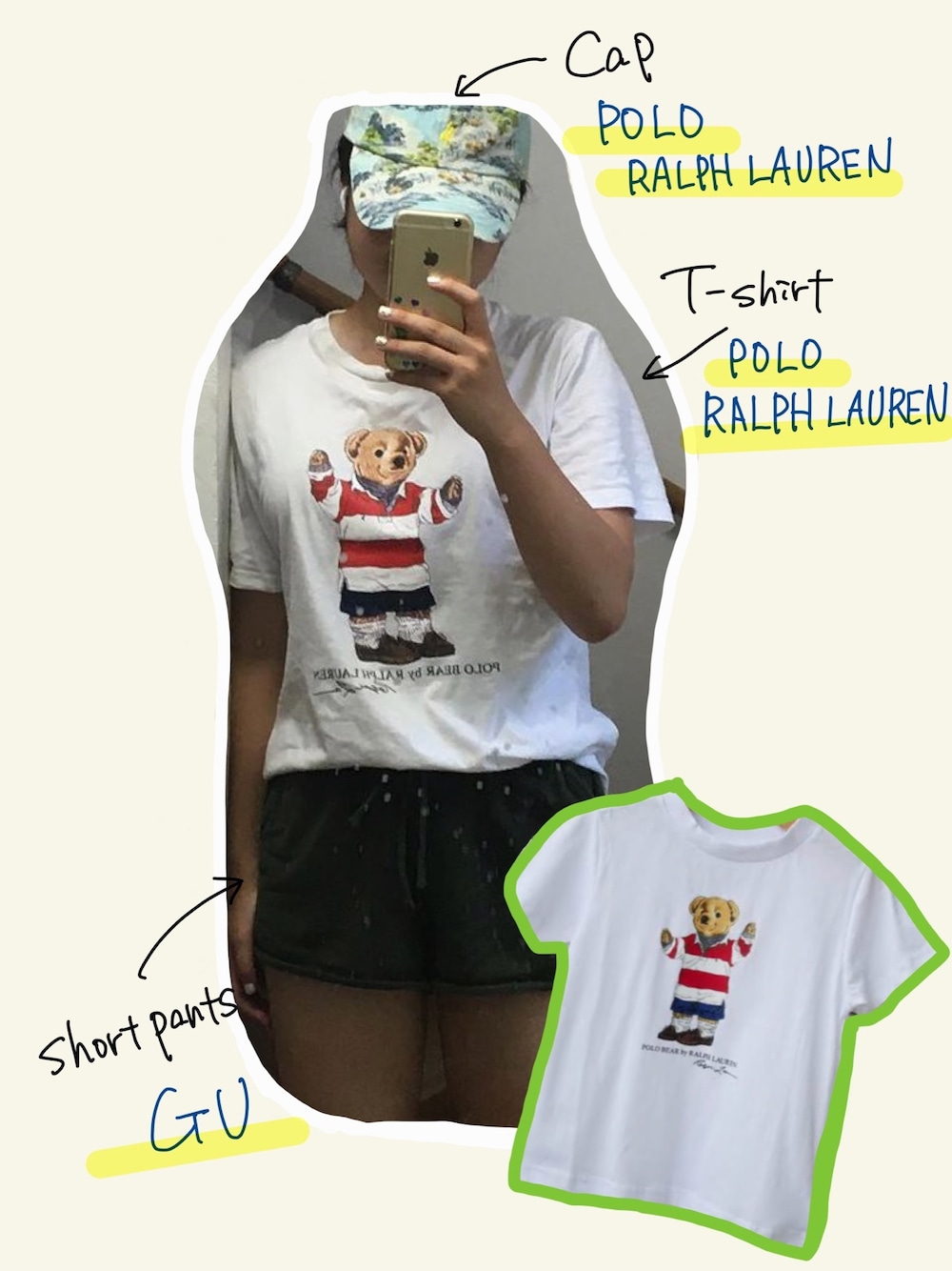 「GU、GUコーデ、Polo Ralph Lauren、オトナカジュアル、ラルフローレン、ポロベアー、ポロベア、キャップ」｜「POLO RALPH LAURENのアイテム（Tシャツ/カットソー、ホワイト系）」を使った、24K🫣さん（レディース・163cm）の春コーディネートの1枚目の写真
