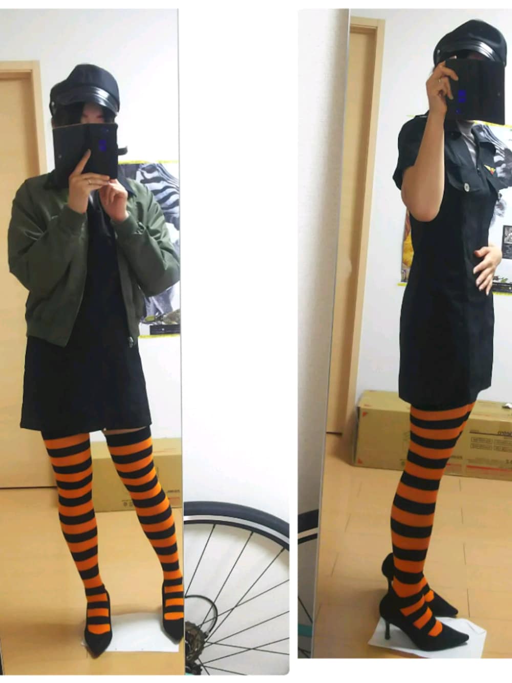 「ハロウィン、しまむら靴下、ポリス、ミニスカポリス、ミニスカート、ちょっと恥ずかしい、ミリタリージャケット」｜「no brandのアイテム（ワンピース、ブラック系）」を使った、ヒロマンさん（レディース・159cm）の秋コーディネートの1枚目の写真