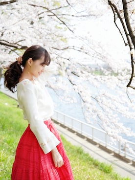 「ひざ丈スカート」｜「アイテム（ワンピース/ドレス）」を使った、まお♡さん（レディース・163cm）の春コーディネート