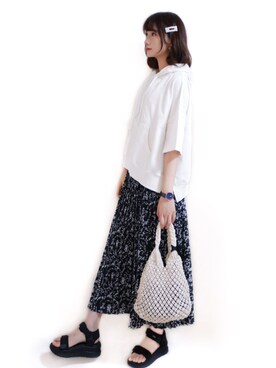 「Chaco closet（チャコ クローゼット）のアソートプリーツ Aラインウエストゴムロングスカート[チェック 小花柄 ダルメシアン コーデュロイ サテン シアー 無地]（スカート）」を使った、まお♡さん（レディース・163cm）の夏コーディネート