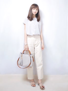 「Aunt Marie's（アントマリーズ）のAUNT MARIE'S ハーフスリーブバックスリットシャツ（シャツ/ブラウス）」を使った、まお♡さん（レディース・163cm）の夏コーディネート